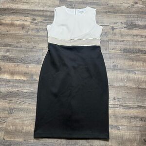 Calvin Klein Black White Midi Sheath Dress with Gold Accent Sleeveless